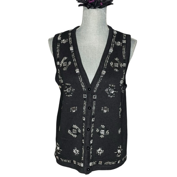 Vintage 90s SML Sport Black Knit Vest M Beaded Sequin Embellished Ramie Cotton - Picture 1 of 11